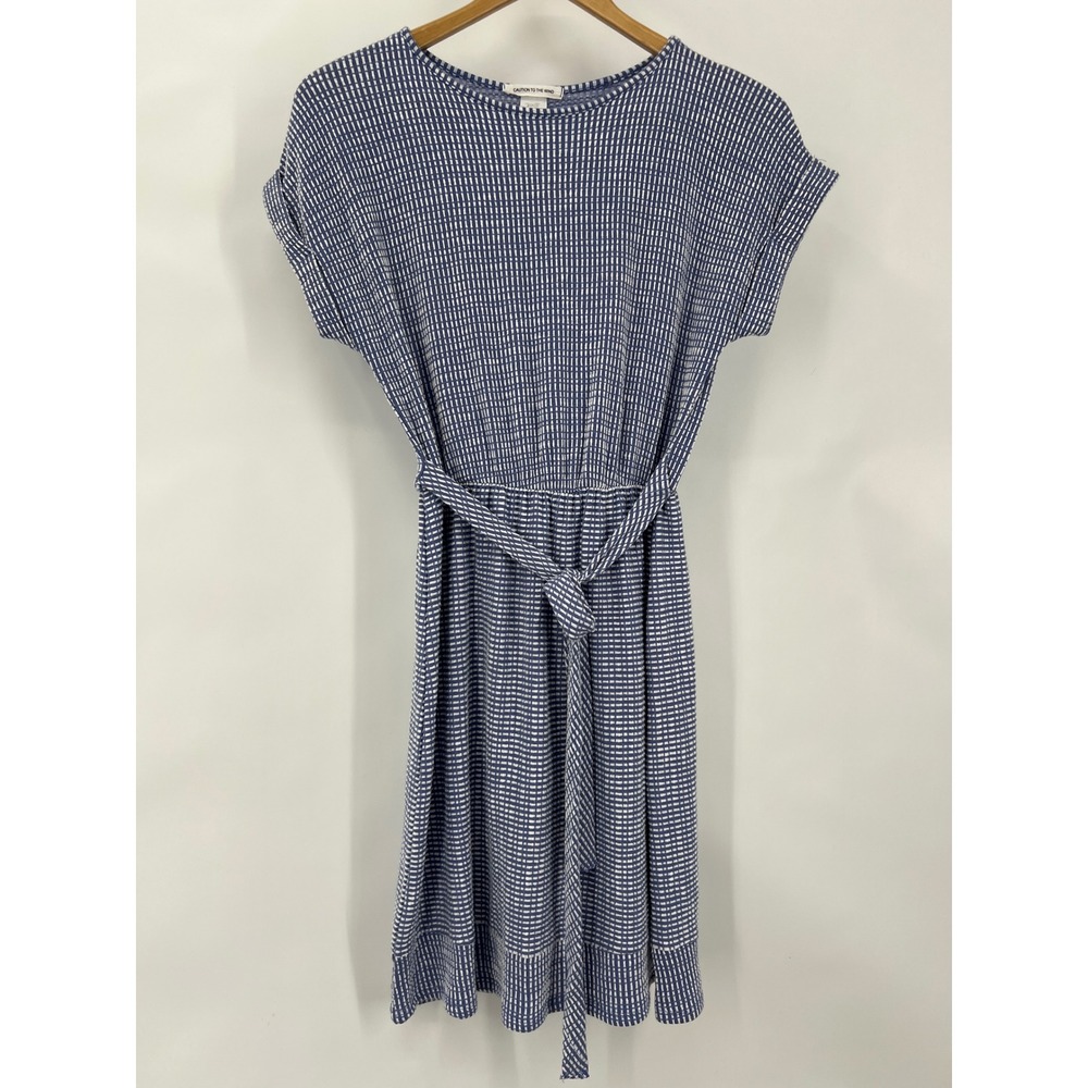 Caution to the Wind Blue White Grid Knit Tie Waist Dress Medium Twee Cottagecore